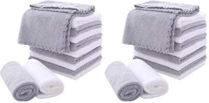 MOONQUEEN Microfiber Facial Cloths Fast Drying Washcloth 24 Pack - Premium Soft Makeup Remover Cloths - Highly Absorbent - color: White-grey, size: 12x12 Inch (Pack of 24)