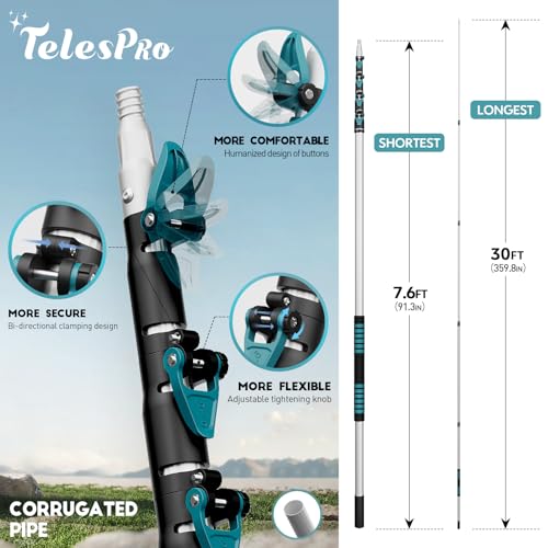 TelesPro 36 Foot High Reach Duster Kit with 7-30FT Extension Pole High Ceiling Dusting and Window Cleaning Kit with Telescopic Pole Window Washer&Squeegee,Cobweb Duster,Fan Duster and Feather Duster - size: 30 FT