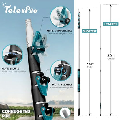 TelesPro 36 Foot High Reach Duster Kit with 7-30FT Extension Pole High Ceiling Dusting and Window Cleaning Kit with Telescopic Pole Window Washer&Squeegee,Cobweb Duster,Fan Duster and Feather Duster - size: 30 FT