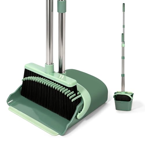 YZO Broom and Dustpan Set, 54.33 Inch Long Handle Standing Design, Dustpan Front Rubber Tight Seal, Broom with 5 Layer Bristles, Suitable for Living Room, Bedroom, Yard, Office and Apartment(Green) - color: Green