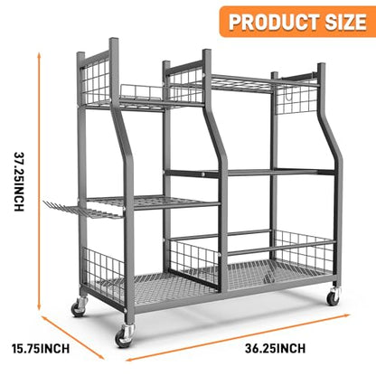 TORACK Garden Tool Organizer with Wheels, Rakes Shovels Yard Tools Stand for Garage, Shed, Garden, Indoor/Outdoor Long-Handled Tools Cart - style: Tool Stand with Extra Shelves