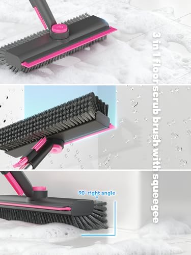 Floor Scrub Brush with Long Handle, 3 in 1 Multi-angle Swivel Right Angled Bristle Floor Scrubber Brush with Squeegee and Tweezer for Tile Wall Deck Bathroom Patio Garage Kitchen (Pink and Grey) - color: Pink and Grey