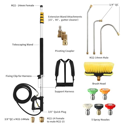 24 FT Telescoping Pressure Washer Wand with Pressure Washer Extension Wand, Brush Head, Gutter Cleaner, 5 Spray Nozzle Tips, 2 Hose Adapters and Support Belt