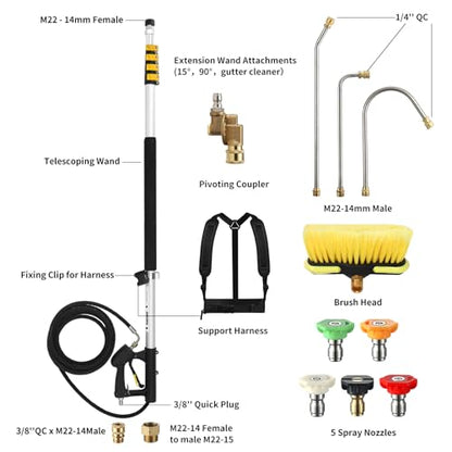 24 FT Telescoping Pressure Washer Wand with Pressure Washer Extension Wand, Brush Head, Gutter Cleaner, 5 Spray Nozzle Tips, 2 Hose Adapters and Support Belt