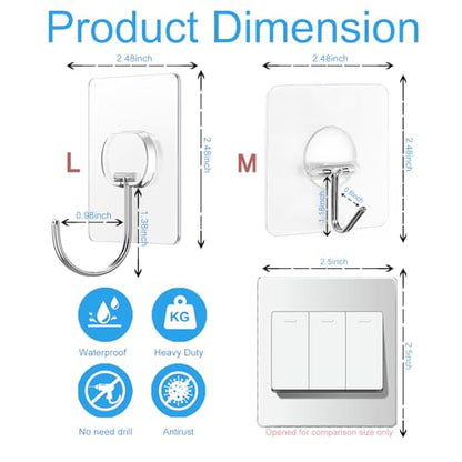 JINSHUNFA Adhesive Wall Hooks 13LB Heavy Duty No Drill Large Transparent Waterproof Hooks for Bathroom Kitchen Towel Coat 12 Pack - size: 12 Large hooks