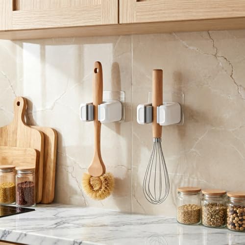 2Pcs Wall Mounted Mop and Broom Holder, No Drilling Self Adhesive Plastic Organizer, Durable White Storage Rack for Kitchen and Bathroom