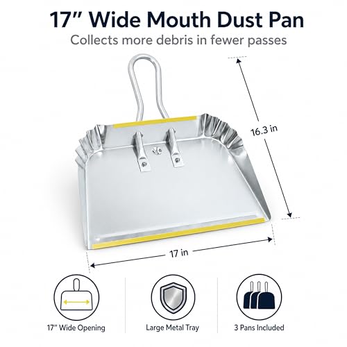 3-Pack 17" Heavy Duty Metal Dust Pans, Wide Dustpans for Household, Easy to Assemble - size: 3 Count (Pack of 1)