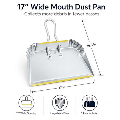 3-Pack 17" Heavy Duty Metal Dust Pans, Wide Dustpans for Household, Easy to Assemble - size: 3 Count (Pack of 1)