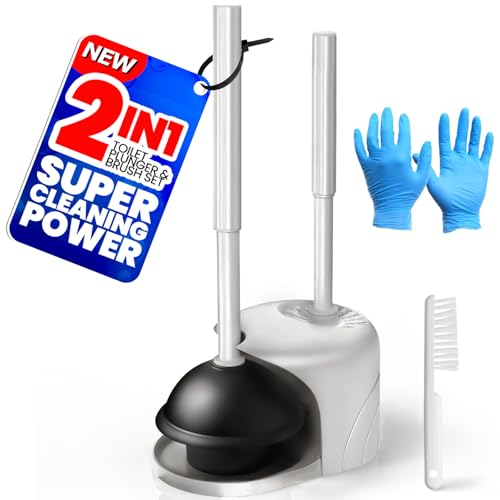 2 in 1 Toilet Brush and Plunger Set, Extended Handle Plunger,Toilet Bowl Brush Plunger Set,Gap Brush，Cleaning Gloves，Bathroom Cleaning Tools，Toilet Brush Plunger Combo，Light Grey - color: Light Grey