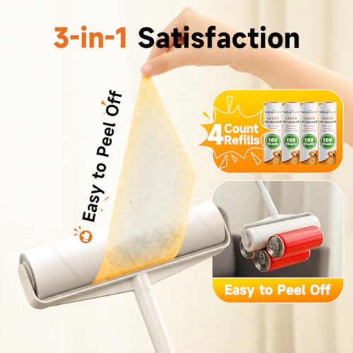 Large Floor Lint Roller with Extendable Long Handle, 9.45" Extra Wide Sticky Roller, 400 Sheets with 3 Refills, Heavy Duty Pet Hair Remover for Floor, Carpet, Couch & Hard-to-Reach Areas - size: 4 Pack Floor Roller