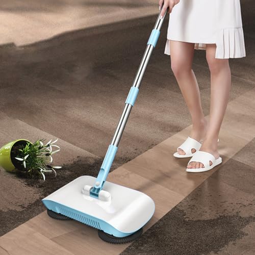 Floor Sweeper, Stainless Steel Dual Brush 180 Degree Rotating Hand Push Sweeper, Non Electric with Sealed Dustbin for Hardwood Tile Marble Floors Pet Hair Dust (Blue) - color: Blue