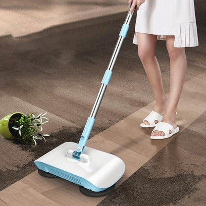 Floor Sweeper, Stainless Steel Dual Brush 180 Degree Rotating Hand Push Sweeper, Non Electric with Sealed Dustbin for Hardwood Tile Marble Floors Pet Hair Dust (Blue) - color: Blue