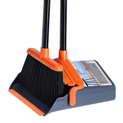 Broom and Dustpan Set, Broom Dustpan with 40"/52" Long Handle, Comb Teeth and Rubber Lip Design, Upright Broom and Dustpan Set for Home Room Office Lobby Floor Use