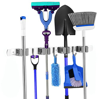 Mop and Broom Holder, 3 Positions 4 Hooks Heavy Duty Hanger Wall Mounted Stainless Steel Organizer for Holders, Home Laundry Bathroom, Garage Storage System Utility Tools Rack Storage, Grey