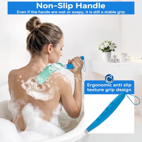 Back Scrubber for Shower，Mesh Sponge Body Shower Brush with Long Handle for Use in Shower Back Scrubber,Back Scrub for Exfoliating Body Scrubber (Blue and Green) - size: Blue+Green Handle (YS0125)