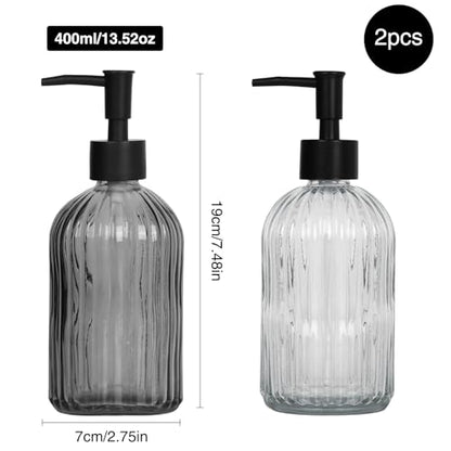 Black & Clear Glass Soap Dispenser with Plastic Pump, 13.5oz Vertical Stripe Design Hand Soap Dispenser for Dish Wash, Refillable Lotion Dispenser for Bathroom and Kitchen - color: Transparent Black & Clear