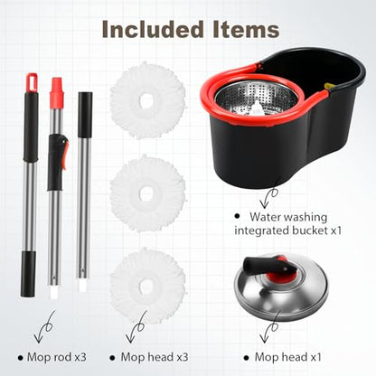 Spin Mop and Bucket with Wringer Set, 360° Spinning Mop and Bucket System with 3 Microfiber Mop Replacement Heads and 51" Stainless Steel Adjustable Handle for Mop Floor Cleaning