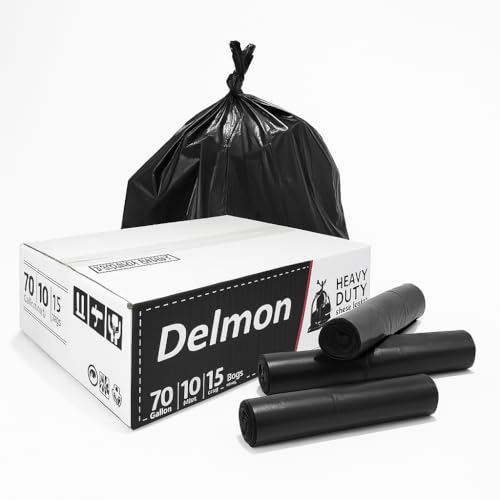 Delmon Trash Bags - 150 Bags / 10 Rolls Carton - 70 Gallons - Thick and Heavy Duty Trash Bag for Commercial, Home & Kitchen Use,Fits Toter Curbside Bins - W 43”, L 48”, Thickness 0.87MIL