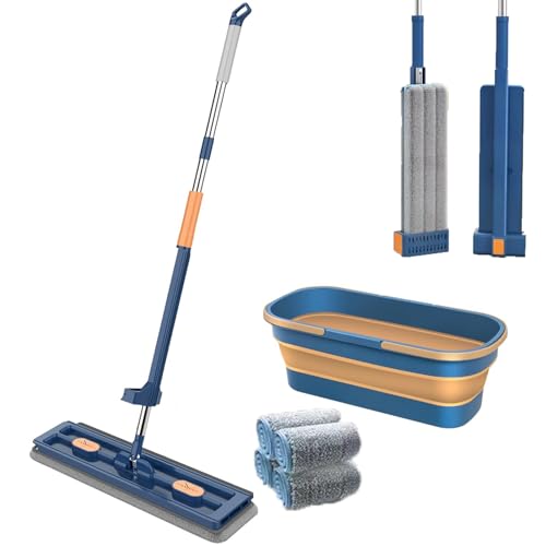 JDIV Streamline Mop, Streamline Flat Mop, 2026 Large Flat-Mop and Bucket System, Self Wringing 360 Flat mop, Wet and Dry Use (Blue) - color: Blue