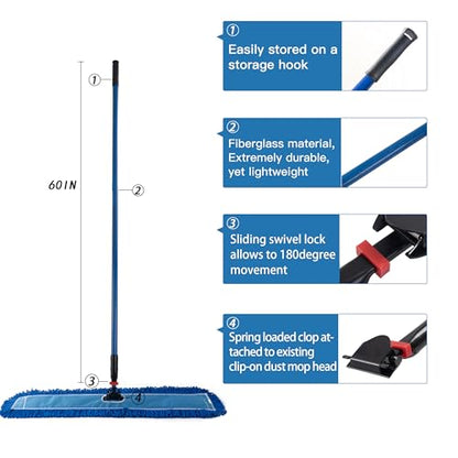 Matthew Cleaning Commercial Quick-Change Dust Mop Handle with Clip-on Metal Gripper for Heavy Duty Mop Head Replacement Holder, Fiberglass Handle 60 inch 6packs-Blue - color: Fiberglass - Blue