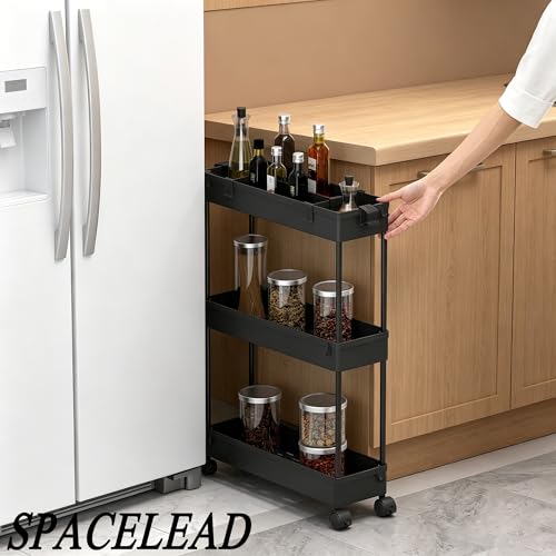 SPACELEAD Slim Storage Cart 3 Tier,Bathroom Organizer Rolling Utility,Mobile Shelving Unit Slide Out for Office, Kitchen, Laundry Room & Narrow Places,Black - color: Black