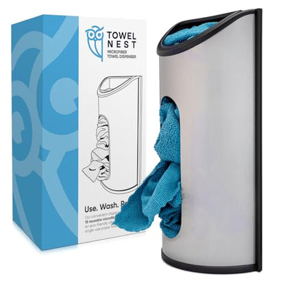 TowelNest Microfiber Cloth Dispenser | 15 Reusable Cloths (Slate Blue) | Eco-Friendly Paper Towel Alternative | Absorbent & Washable | Wall/Cabinet Mount (3M Adhesive & Screws Included) - color: Blue, size: Dispenser + 15 Cloths