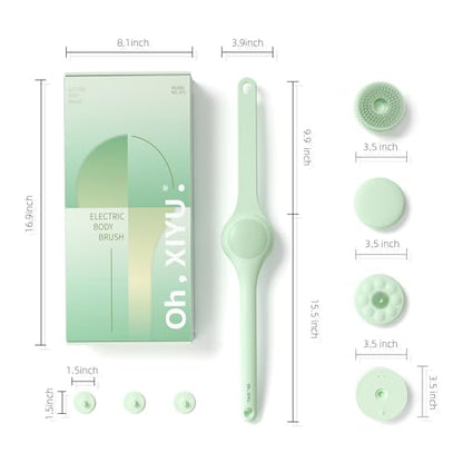 Electric Body Brush Back Scrubber for Shower, Waterproof Long Dual Handle Body Scrubber with 3 Heads, Bath Brush & 2 Speeds, for Cleansing, Exfoliating and Massaging Skin, Pale Cypress Green