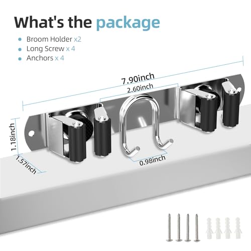Broom Holder Wall Mount, 2-Pack Stainless Steel Mop and Broom Organizer, Broom Hanger with 2 Slots 2 Hooks for Home Kitchen, Garage, Garden and Laundry Room, Silver - color: Silver-2 Pack