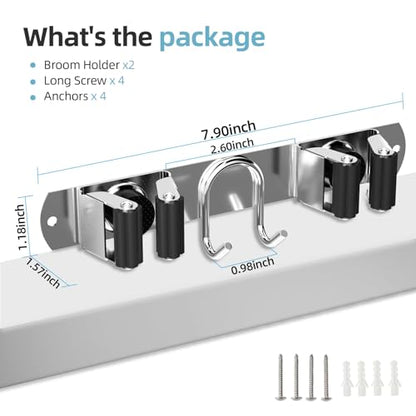 Broom Holder Wall Mount, 2-Pack Stainless Steel Mop and Broom Organizer, Broom Hanger with 2 Slots 2 Hooks for Home Kitchen, Garage, Garden and Laundry Room, Silver - color: Silver-2 Pack