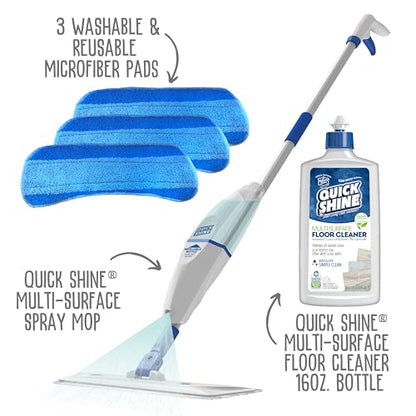 Quick Shine Spray Mop Kit with 3 Reusable Mop Pads & 1 Safer Choice Multi-Surface Floor Cleaner 16oz | Quick & Easy Cleaning | No Batteries Required | Refillable Cleaning Cartridge,White - size: Mop with 3 Refill Pads