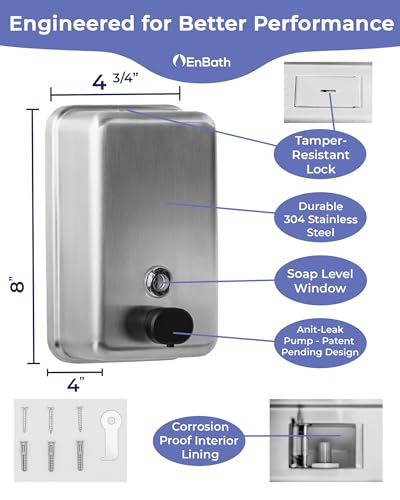 Commercial Soap Dispenser Wall Mount (37oz), Heavy Duty, Stainless Steel Manual Soap Dispenser with Corrosion Proof Lining and Anti-Leak, Patent-Pending Pump Design for Industrial or Home Bathroom - size: 1-Pack