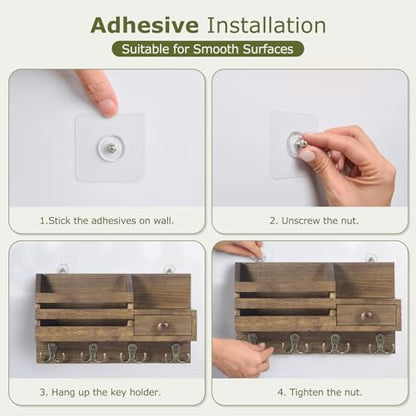 Key Holder Wall Mount, Wooden Adhesive Mail and Key Organizer with Drawer, Small Shelf, 8 Hooks, 2 Installation Methods, Brown - color: Brown