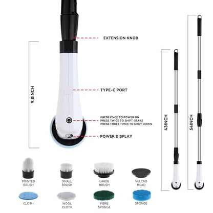 Generic Electric Spin Scrubber Cordless Cleaning Brush, Shower, Bathroom, Kitchen Cleaning Brush with 7 Replaceable Brush Heads, Power Scrubber, Adjustable Speed, Adjustable Extension Handle Black