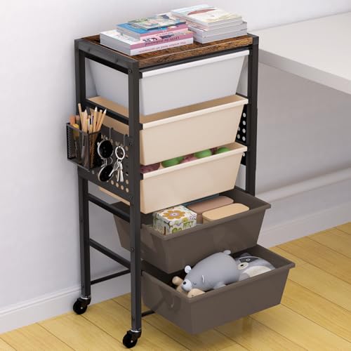 Rolling Cart with Drawers, Rolling Storage Cart with Large Plastic Drawers & Wooden Tabletop, Utility Cart with Pegboards & Basket, Storage Drawers Cart for Living Room, Classroom, Bedroom, Office - color: Brown, size: 5 Drawers