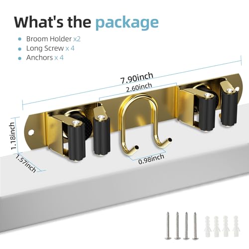 Broom Holder Wall Mount, 2-Pack Stainless Steel Mop and Broom Organizer, Broom Hanger with 2 Slots 2 Hooks for Home Kitchen, Garage, Garden and Laundry Room, Gold - color: Gold-2 Pack