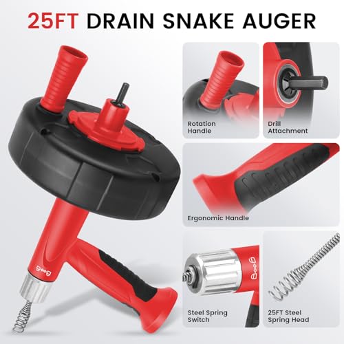 XJX Drain Auger, Plumbing Snake with Drill Adapter, 25FT Flexible Steel Drain Clog Remover, Manual or Powered for Kitchen, Bathroom & Shower Sink, with Gloves and Storage Bag Red - color: Red