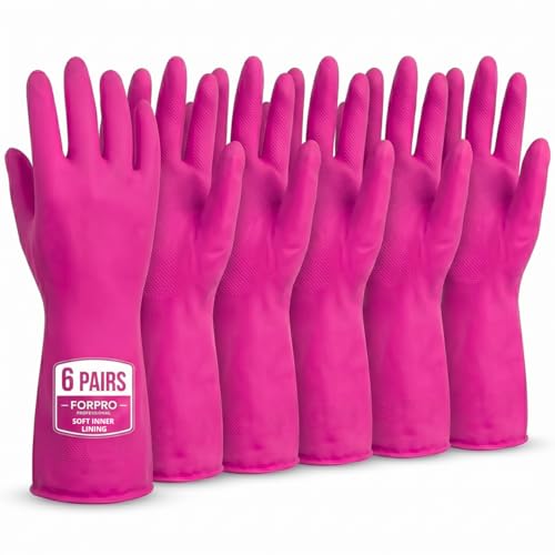 ForPro Natural Rubber Gloves, 6 Pairs Reusable Multi-Purpose Household Cleaning Gloves with Soft Inner Lining, Waterproof & Chemical-Resistant, Cotton Candy, X-Large - color: Cotton Candy, size: X-Large