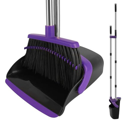Broom and Dustpan Set, Large Household Dustpans and Broom with 55 Inch Long Handle, Pueple Broom with Dustpan Combo Set for Home - color: Purple, size: Large