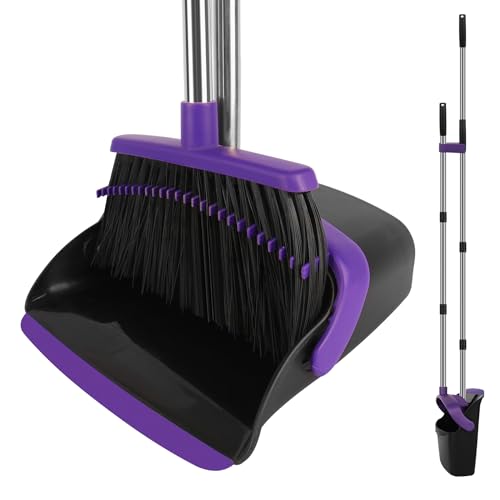 Broom and Dustpan Set, Large Household Dustpans and Broom with 55 Inch Long Handle, Pueple Broom with Dustpan Combo Set for Home - color: Purple, size: Large