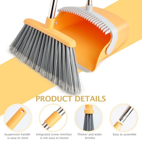 Broom and Dustpan Set, Dustpans with Broom Combo for Home, Heavy Dust Dustpan and Broom Combo, Long Handle Dust Pan and Broom Set for Kitchen, Office, Pet Hair(Gray Yellow) - color: Gray Yellow 1-pack