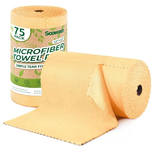 Microfiber Cleaning Cloths Roll, 75 Pack Tear Away Microfiber Towels Roll, 12" x 12" Lint Free Rags, Reusable Cleaning Cloths, Washable, Scratch Free,Ultra Absorbent Dish Rags(Orange) - color: Orange, size: 75 pack