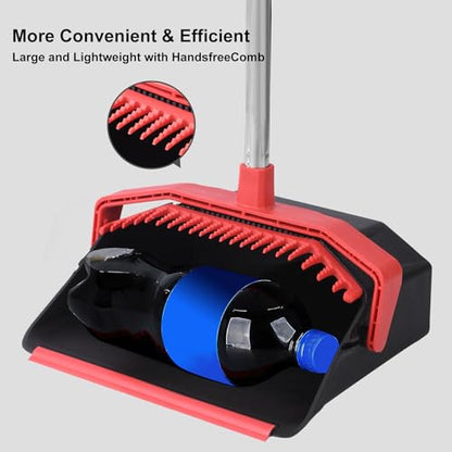 Tiumso Upgrade Broom and Dustpan Set, 51'' Sturdy Long Handle, Large Upright Stand Up Broom and Dustpan, ZeroGap Lip, Self-Cleaning Dustpan Teeth for Lobby Kitchen Office Floor - Black and Red - color: Black and Red