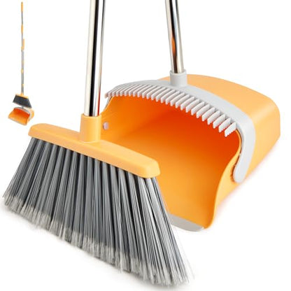 Broom and Dustpan Set, Dustpans with Broom Combo for Home, Heavy Dust Dustpan and Broom Combo, Long Handle Dust Pan and Broom Set for Kitchen, Office, Pet Hair(Gray Yellow) - color: Gray Yellow 1-pack