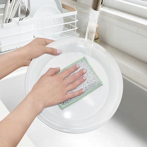 OGGI Bambou Odor-Free Scrubbing Sponges - Natural Scrub Sponges for Dishes, 91% Bamboo-Derived Rayon Cellulose Fiber, Reusable, Absorbent, Durable Scrubbers, Non-Scratch, Washable - 3 pcs, 7x4 - color: White/Sage