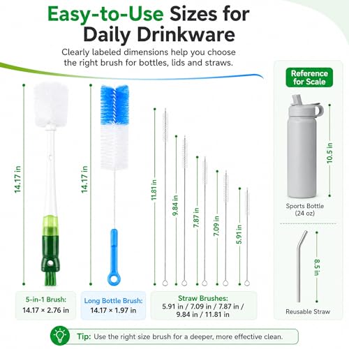 5-in-1 Water Bottle Cleaner Brush Set - 7 Pack, 14.17" Long Narrow Bottle Brush & Straw Brushes, Compatible with Stanley Cups, Tumblers, Sports Bottles, Travel Mugs
