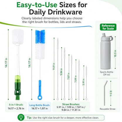 5-in-1 Water Bottle Cleaner Brush Set - 7 Pack, 14.17" Long Narrow Bottle Brush & Straw Brushes, Compatible with Stanley Cups, Tumblers, Sports Bottles, Travel Mugs