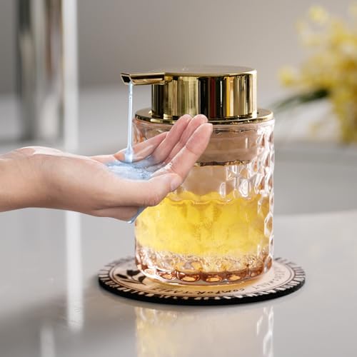 CICUFY Hand Soap Dispenser Glass, Refillable Liquid Dispenser for Bathroom & Kitchen,Lotion Dispenser with Large Gold Pump（Diamond Pattern-Pink） - color: Pink, style: Liquid(can't foam)/Diamond Pattern