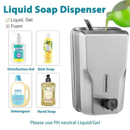 Commercial Stainless Steel Soap Dispenser – 47.3oz Large Capacity Wall Mount, Anti-Leak Pump, SUS304 Brushed Metal for High-Traffic Restrooms - size: Vertical 47.3oz