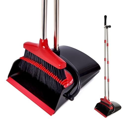 Broom and Dustpan Set with Long Handle, Light Weight Stainless Steel Poles Stand Upright Dustpans with Broom Combo for Home Kitchen Office Pet Dog Hair, Black & Red Color, 1-Pack - color: Red Black