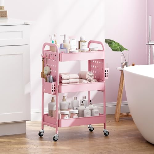 KINGRACK 3 Tier Rolling Cart with DIY Pegboard, Metal Utility Cart with Wheels, Hooks & Baskets, Sturdy Storage Organizer for Craft, Bathroom, Kitchen, Office, Nursery, Classroom(Pink) - color: Pure Pink